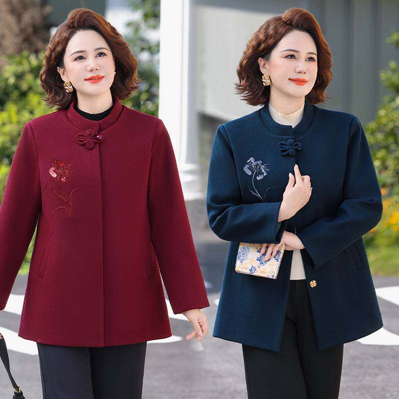 官方正品中国风立领刺绣毛呢外套女中老年妈妈秋装洋气红色大衣奶