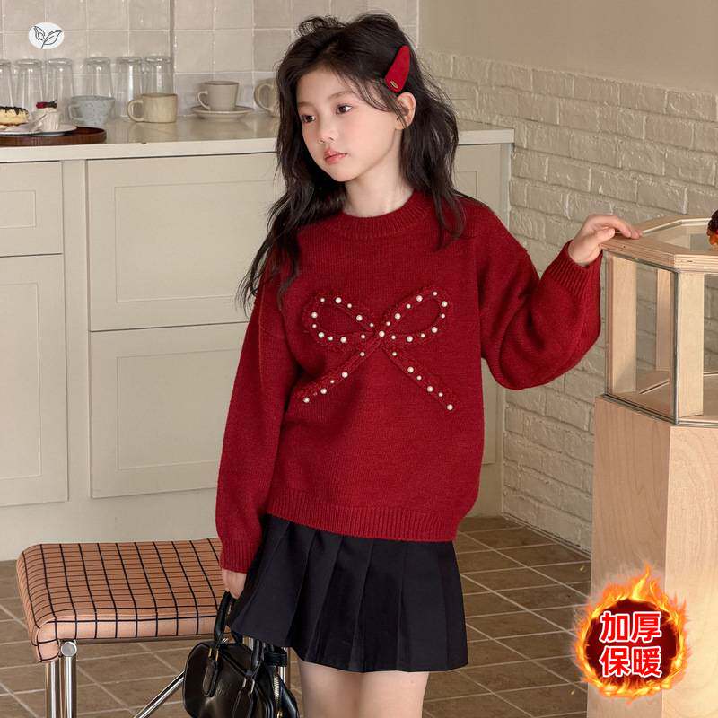 官方正品女童加厚毛衣2025冬季新款蝴蝶结钉珠针织衫中大童红色新