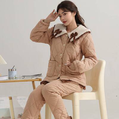 官方正品三层加厚夹棉睡衣女梭织棉休闲宽松冬天可外穿女士加绒保