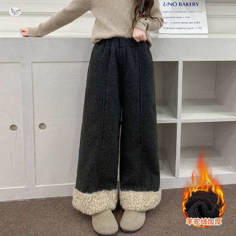 官方正品女童2025年冬季新款加绒加厚羊驼绒呢子羊毛脚口阔腿裤女