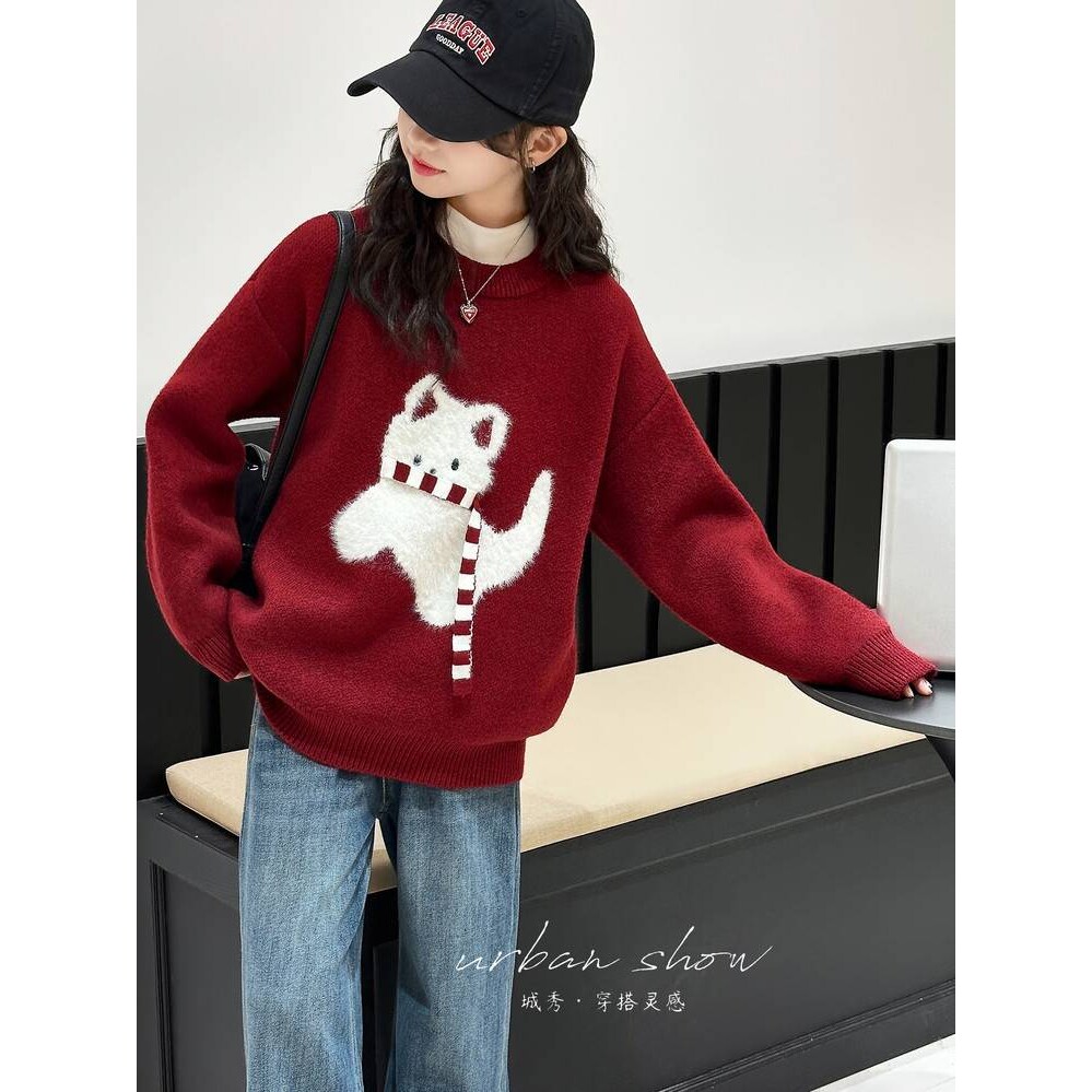 官方正品女童红色毛衣秋冬2025新款女孩加厚儿童针织衫套装冬季大