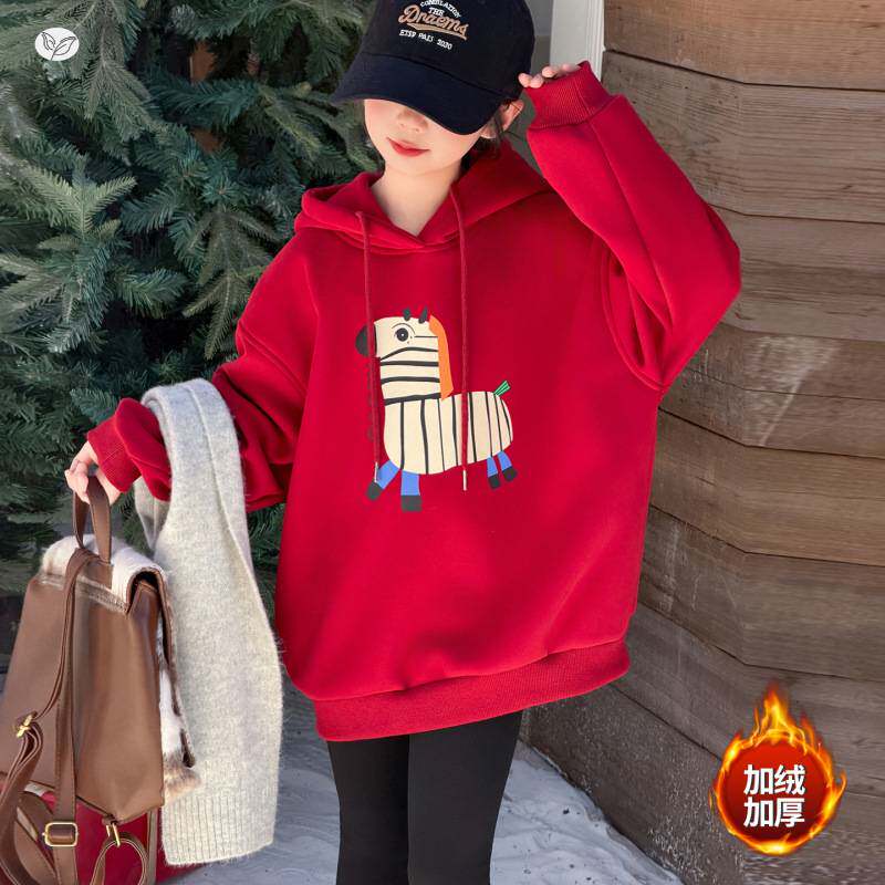 官方正品女童加绒连帽卫衣2025秋冬新款马年卡通刺绣套头衫中大童