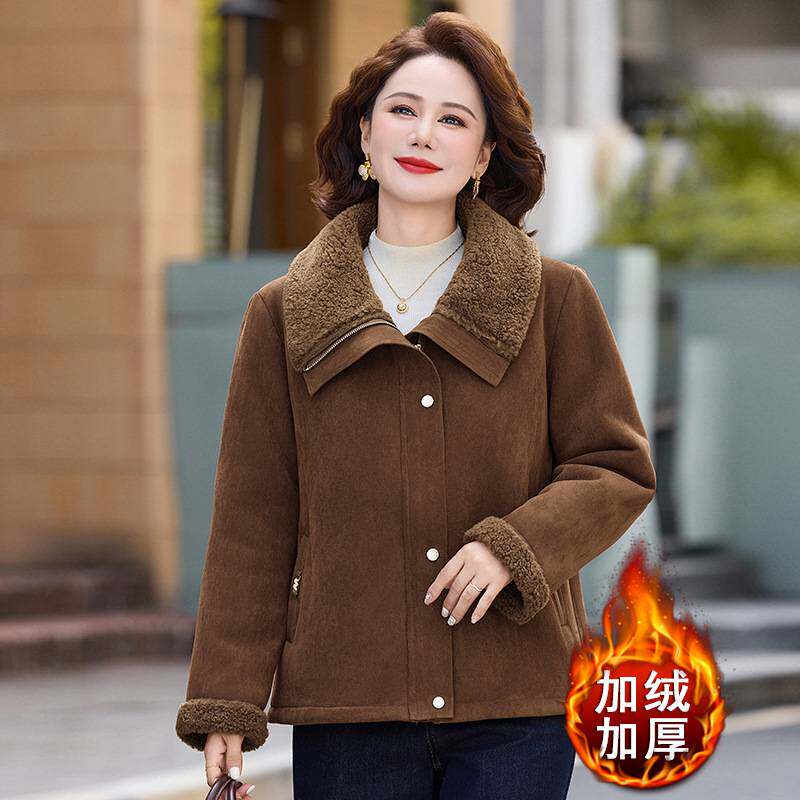 官方正品妈妈秋冬季新款洋气仿皮毛一体绒外套中年女士加绒加厚麂