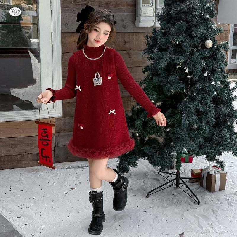 官方正品女童拜年服套装2025年冬季新款中大童毛衣打底衫背心裙两