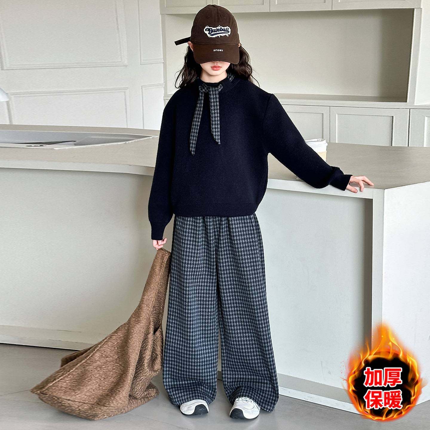 官方正品女童套装冬季2025新款大儿童装休闲加厚保暖领结毛衣格子