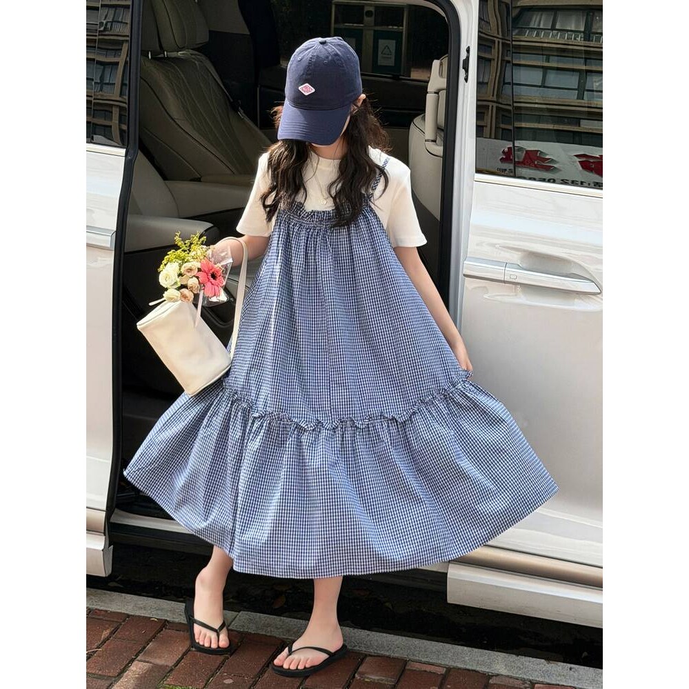 官方正品女童韩版格子吊带裙套装女大儿童夏季短袖T恤大裙摆连衣