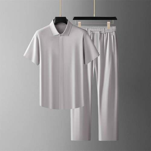 官方正品2026夏季男士凉感桑蚕丝男士休闲套装中年商务暗扣衬衫短