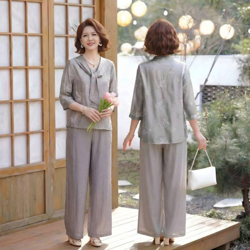 官方正品中老年妈妈装春夏时尚薄款休闲两件套洋气女士宽松遮肚夏