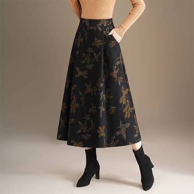 官方正品气质印花a字裙女高腰2025秋季新款半身裙中长款垂感显瘦