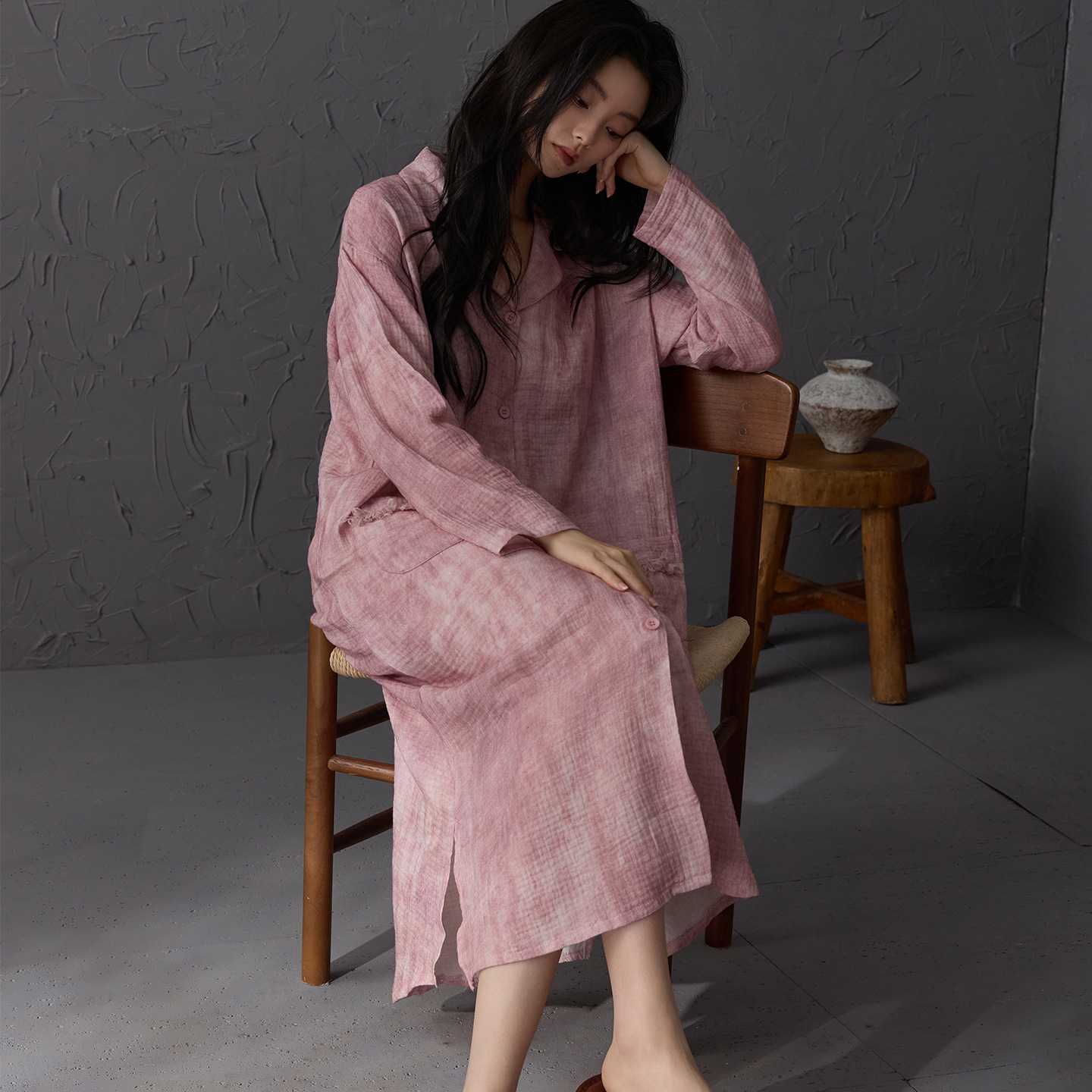 官方正品女士睡裙春秋款纯棉婴儿棉甜美长款衬衫双层纱全棉长袖家