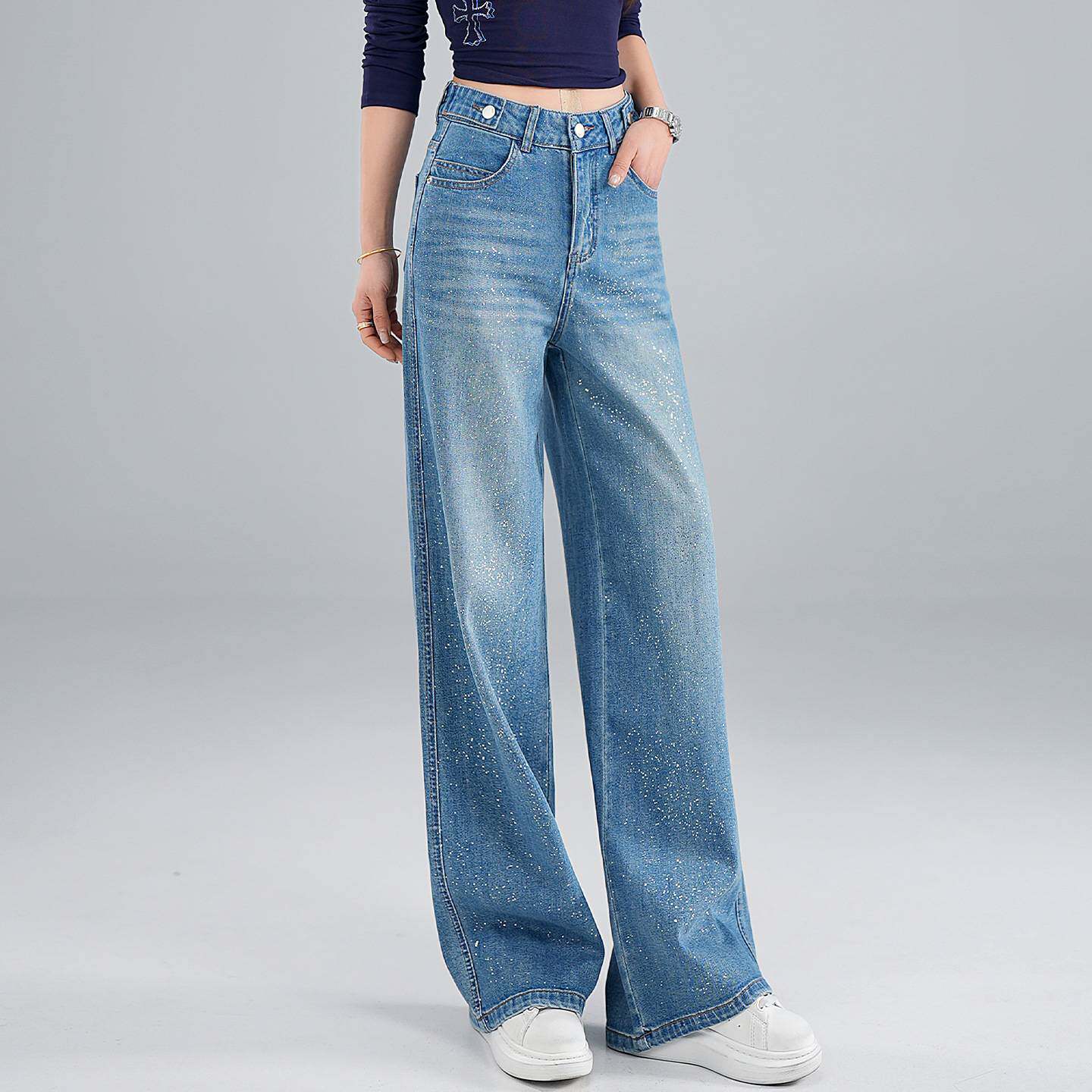 官方正品满天星烫钻弯刀牛仔裤女2026新款春夏季高腰宽松直筒阔腿