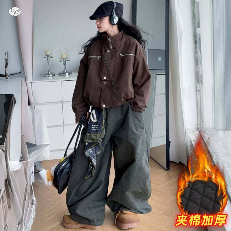 官方正品女童夹棉加厚机车服套装2025年秋冬新款中大童工装短款外