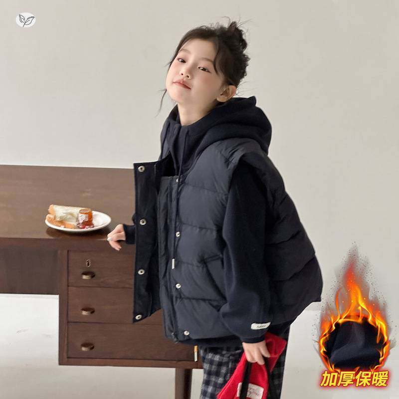 官方正品女童马甲套装2025年冬季新款中大童夹棉背心加绒卫衣格子