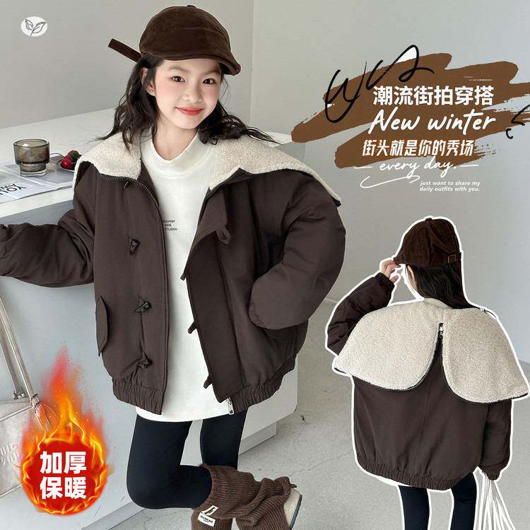 官方正品女童棉服2025冬季新款短款翻领棉衣中大童纯色夹克衫保暖