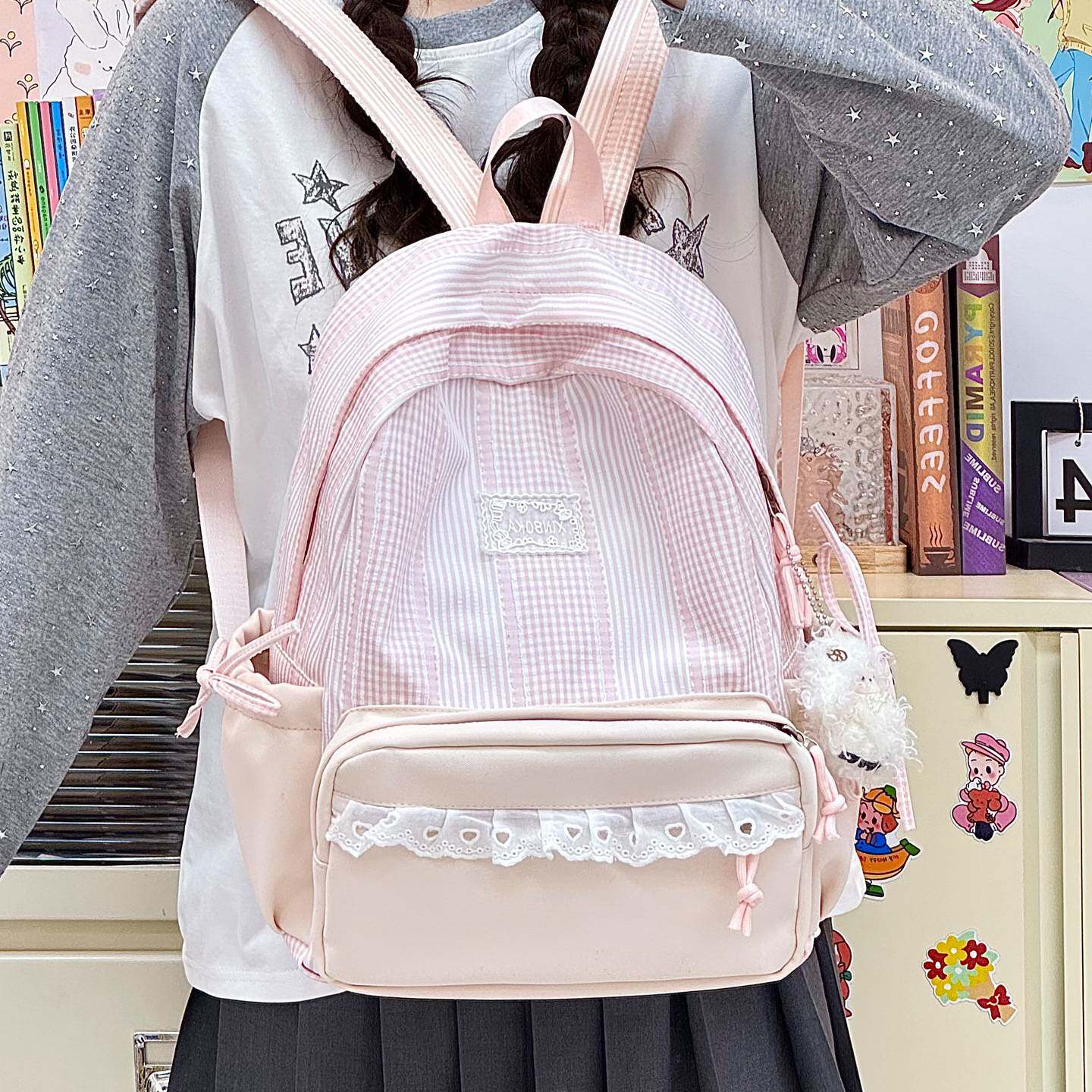 官方正品韩系简约休闲条纹书包女初高中学生双肩包温柔上课通勤旅
