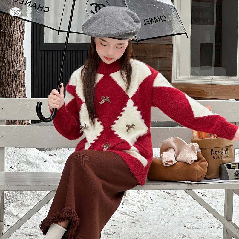 官方正品女童2025年秋冬新款菱形方格蝴蝶结毛衣女大童加绒加厚保