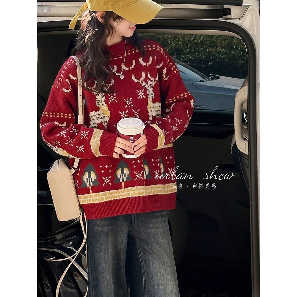 官方正品女童红色毛衣秋冬2025新款女孩加厚儿童毛线衣冬季大童时