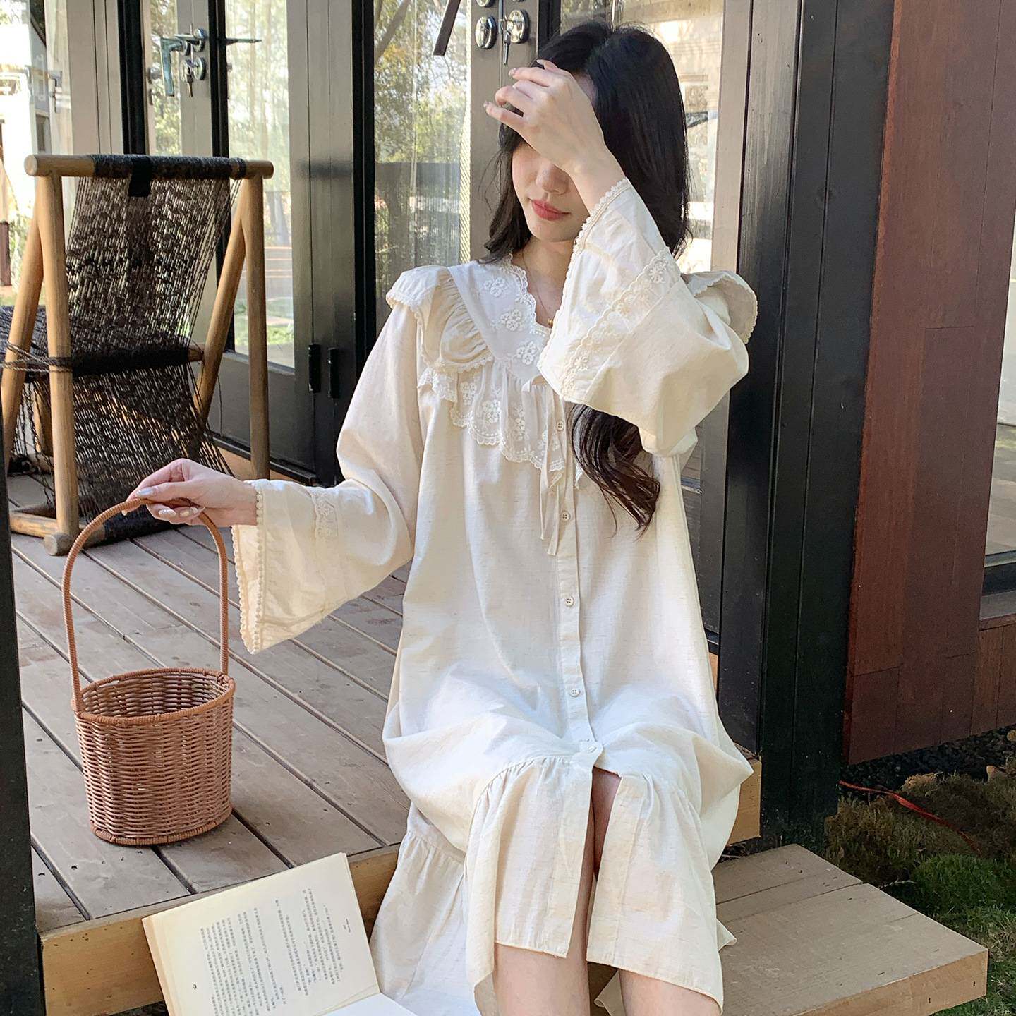 官方正品韩式新款睡裙女纯色清新甜美全棉舒适韩系V领可外穿家居