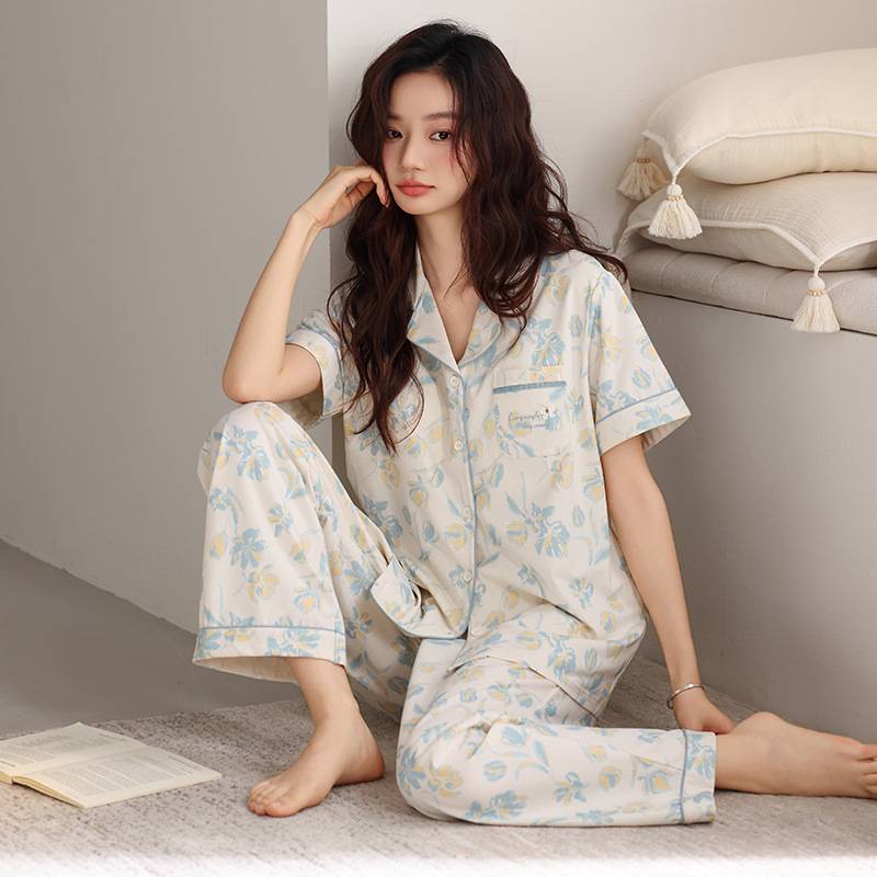 官方正品带胸垫睡衣女士夏季薄款纯棉短袖长裤大码休闲高级感可外