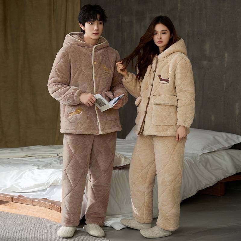 官方正品情侣睡衣男款冬季三层夹棉立领长袖加绒加厚女士可外穿家