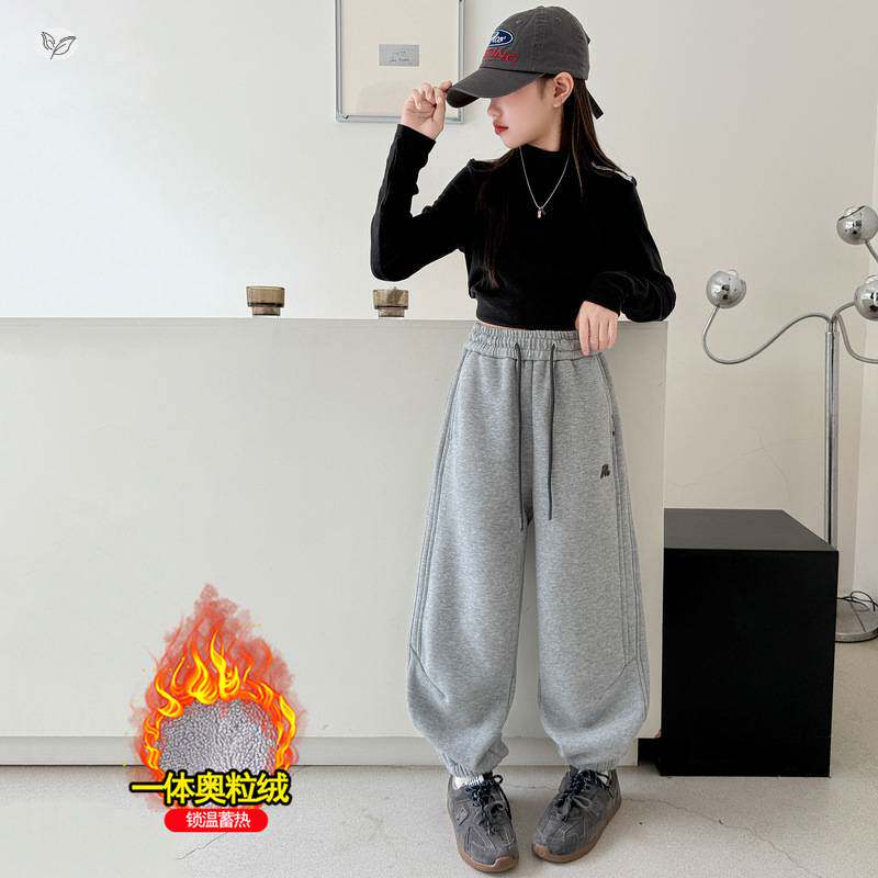 官方正品女童加绒卫裤2025年秋冬新款中大童刺绣阔腿裤休闲束脚裤