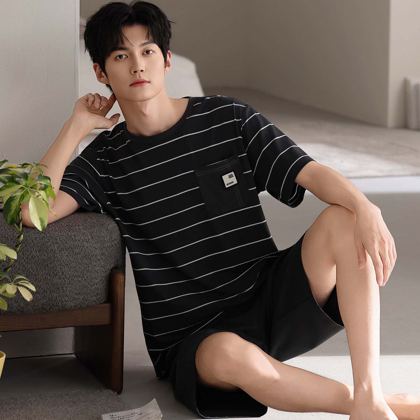 官方正品轻奢新款100%纯棉男士睡衣条纹夏季家居服套装薄款短袖短
