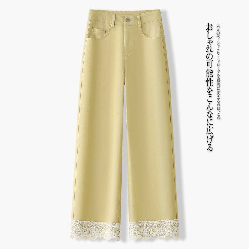 官方正品阔腿牛仔裤女2025新款小个子蕾丝花边春夏季天白色九分裤
