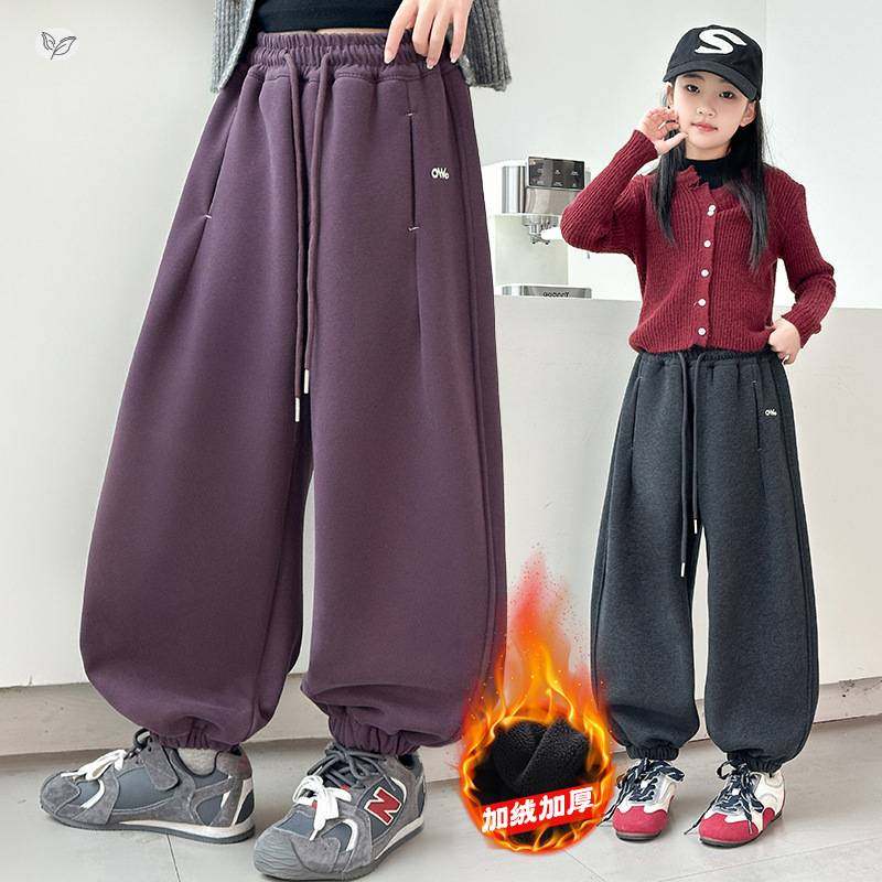 官方正品女童刺绣卫裤加绒2025年秋冬新款中大童休闲束脚裤宽松阔