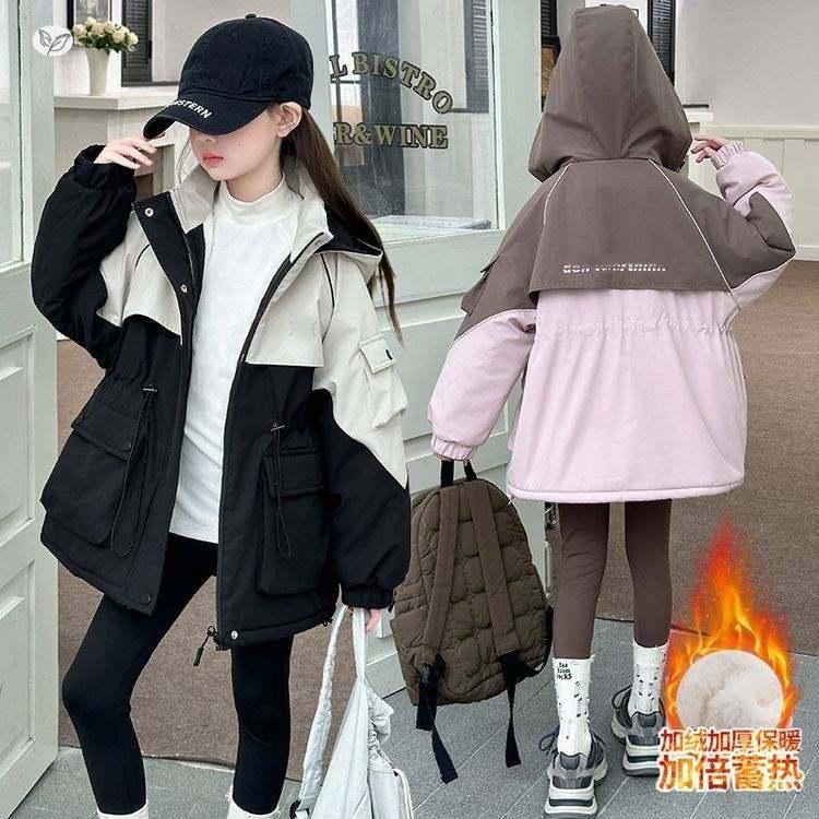 官方正品女童加厚冲锋衣2025年秋冬新款中大童工装风撞色派克服大