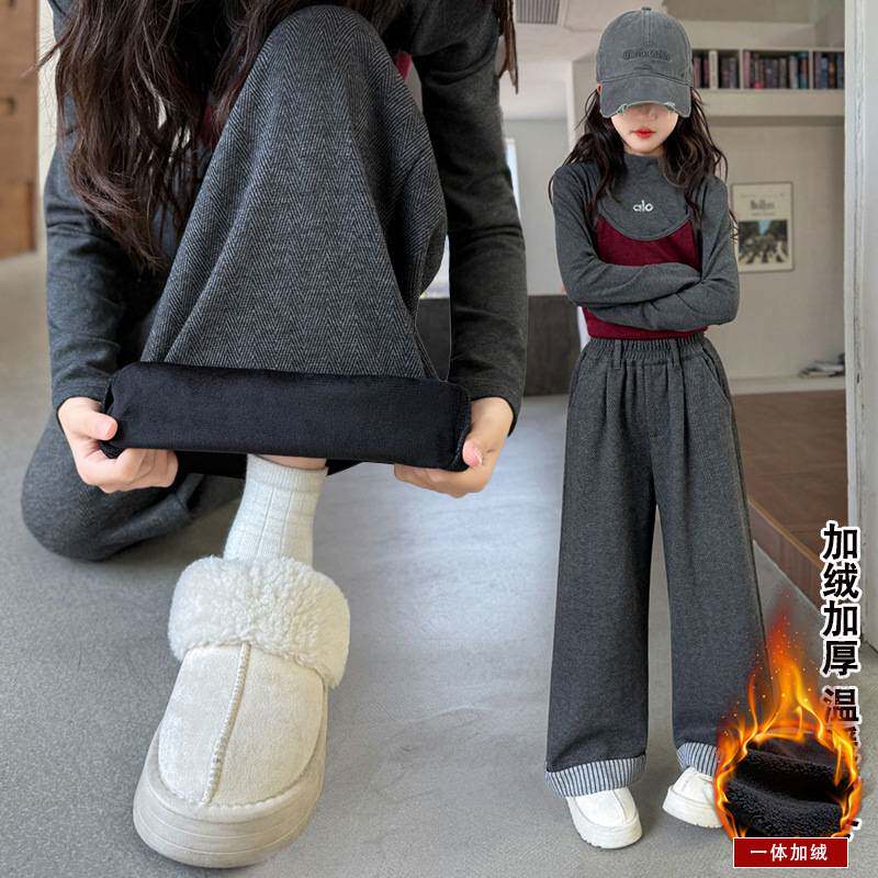 官方正品女童裤子冬季2025新款大儿童装加绒加厚保暖休闲拼接条纹