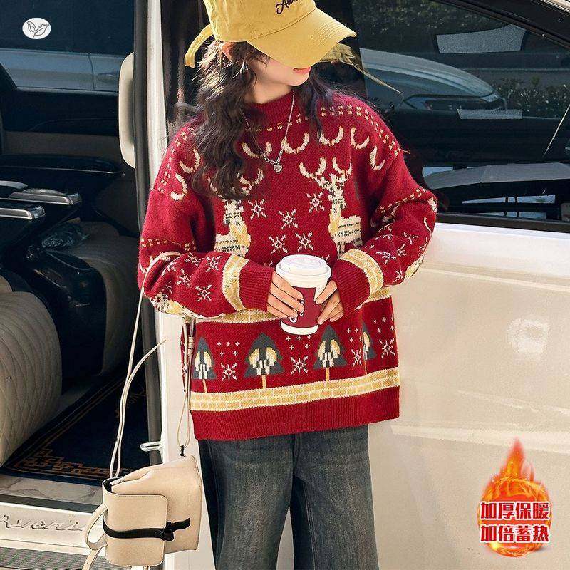 官方正品女童圣诞风毛衣2025年秋冬新款中大儿童麋鹿刺绣针织衫可