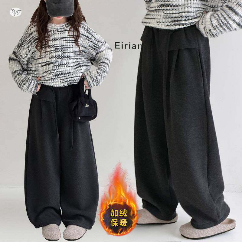 官方正品女童秋冬加绒裤子2025年新款腰口荷叶边阔腿裤中大童休闲