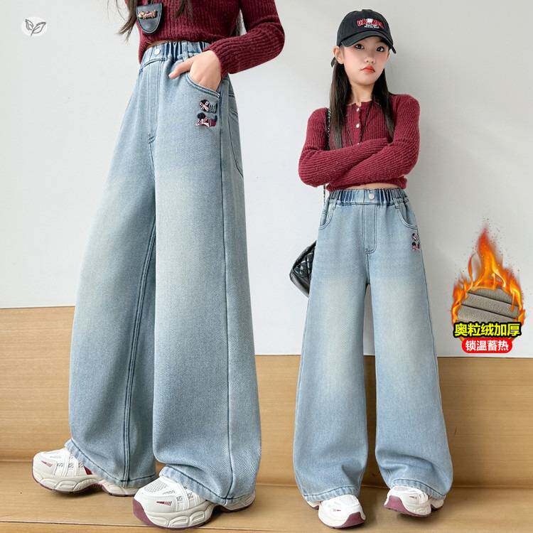 官方正品女童加绒牛仔裤2025年秋冬新款中大童卡通刺绣阔腿裤浅蓝