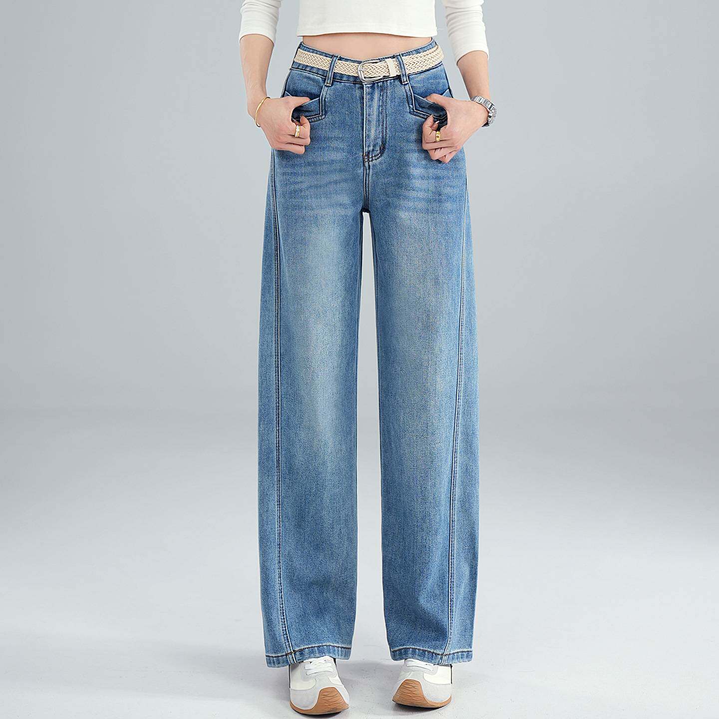 官方正品浅蓝色阔腿牛仔裤女春夏季薄款2026新款拼接小个子弯刀裤