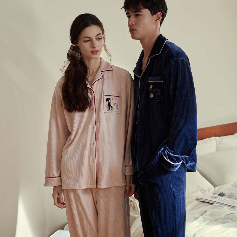 官方正品情侣睡衣冬款法兰绒开衫翻领加绒加厚保暖宽松大码男士女