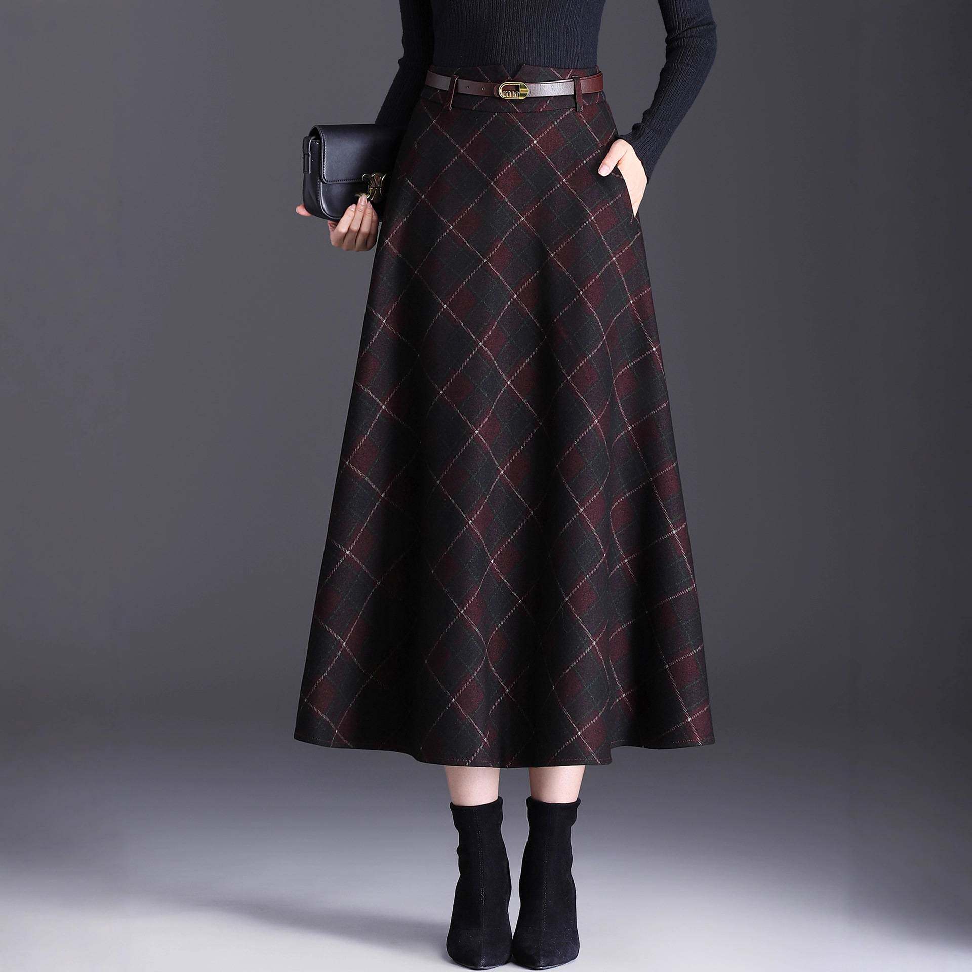 官方正品格子半身裙女2026秋冬新款高级感垂感中长款A字裙毛呢大