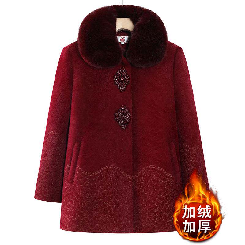 官方正品老年人冬装加绒加厚棉服中老年女装高端毛呢大衣妈妈仿水