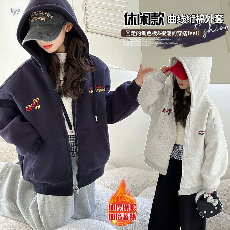 官方正品女童冬季绗棉卫衣外套2025新款刺绣连帽拉链衫中大童保暖
