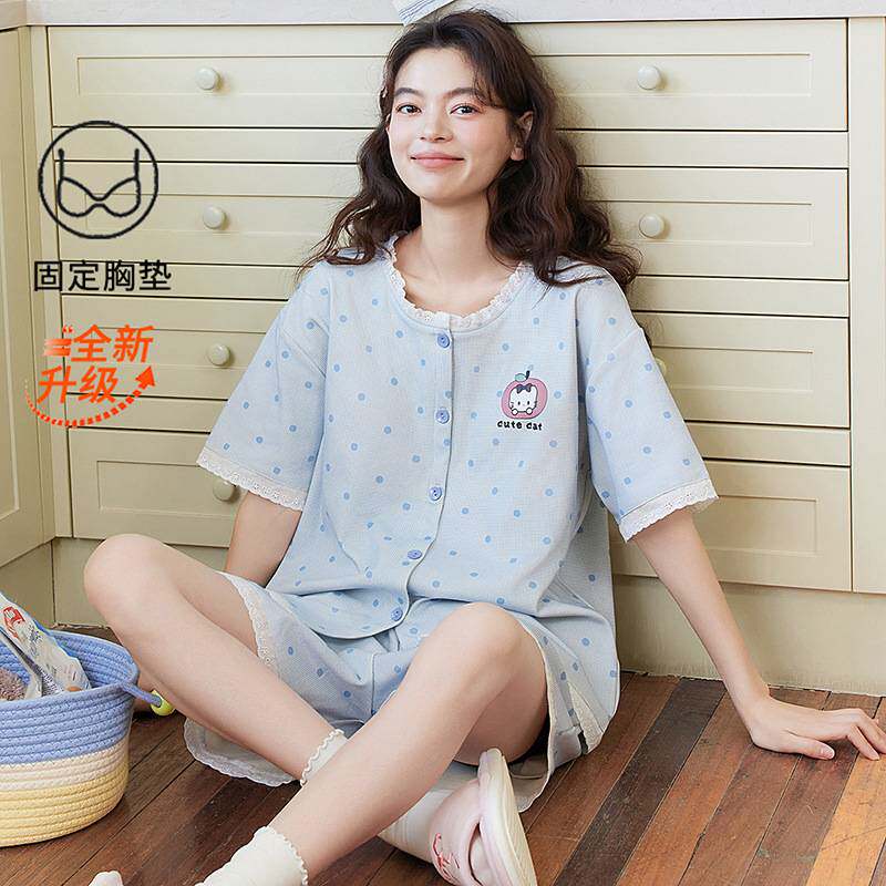 官方正品带胸垫睡衣女款夏季纯棉短袖短裤2026新款甜美少女风家居