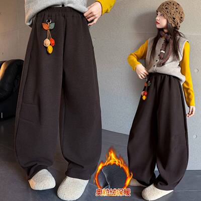 官方正品女童裤子冬季2025新款儿童阔腿裤加绒加厚保暖休闲毛呢挂
