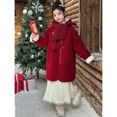 官方正品女童红色呢大衣2025新款儿童冬季加厚外套大童女孩冬装新