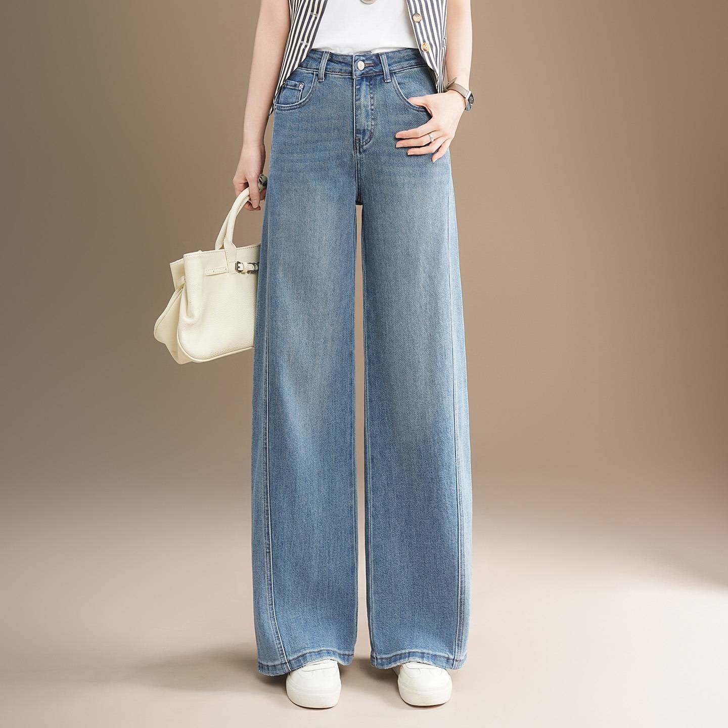 官方正品阔腿直筒牛仔裤女2026春季流行新款高腰宽松遮腿粗直筒显