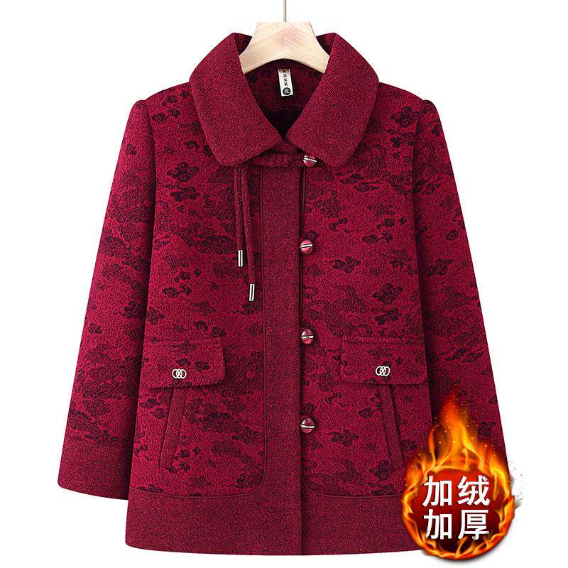 官方正品中老年人秋冬款女装加绒加厚印花毛呢外套老奶奶冬装保暖