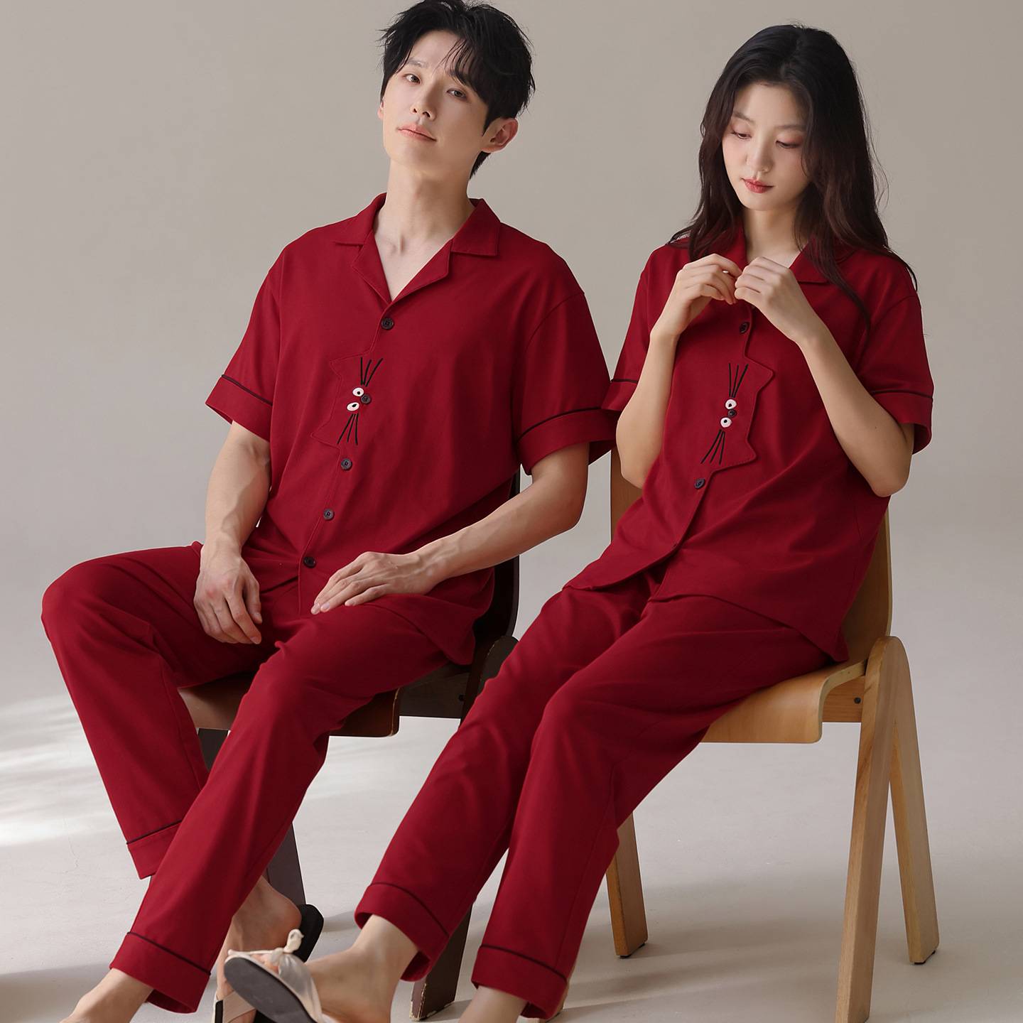 官方正品情侣结婚睡衣纯棉短袖套装长裤新婚春夏季新娘新郎喜庆陪