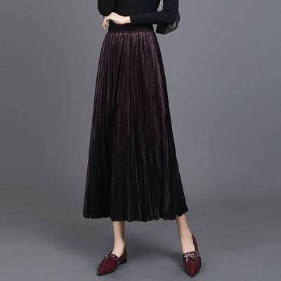 官方正品实拍绒褶皱丝绒半身裙女2025秋冬百褶裙中长款高腰A字裙