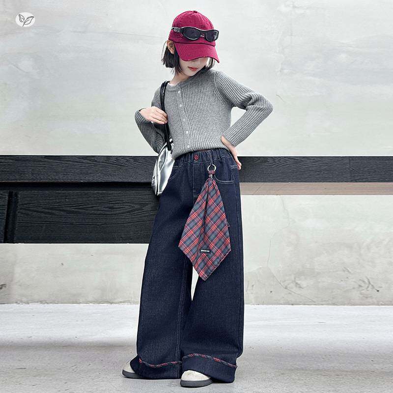 官方正品女童加绒牛仔裤2025年秋冬新款中大童净色阔腿裤直筒裤百