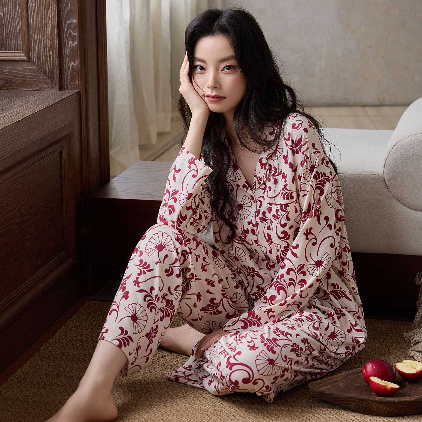 官方正品睡衣女款春秋季纯棉长袖碎花可外穿家居服中老年妈妈加大