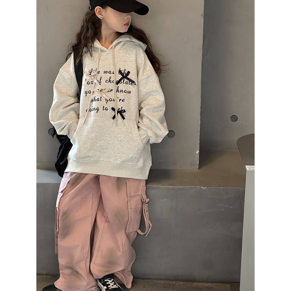 官方正品女童加绒卫衣秋冬款2025新款中大童装一体绒加厚连帽套头