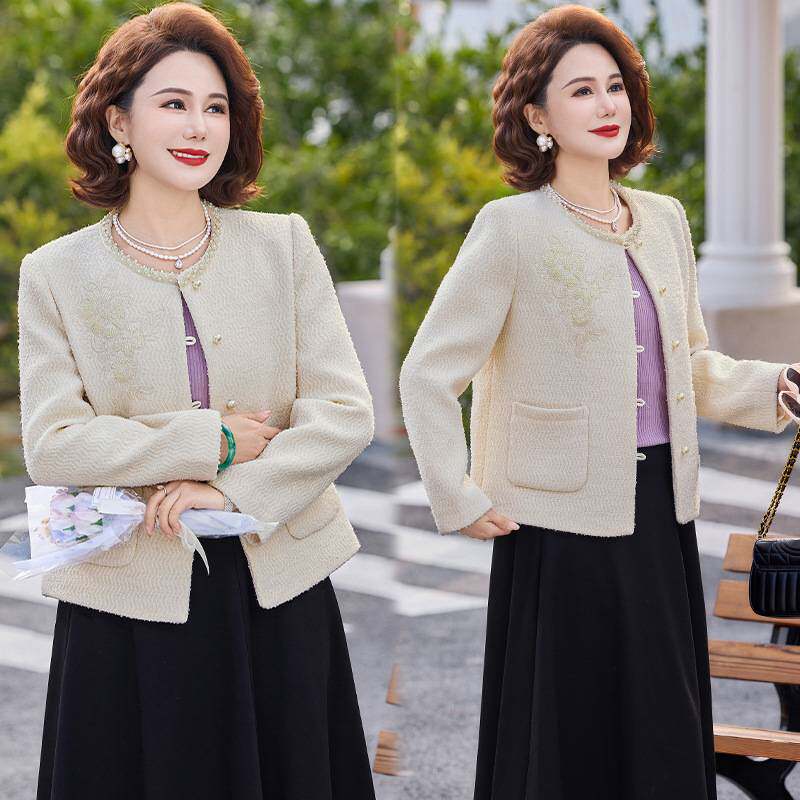 官方正品中年妈妈春装小香风薄款外套2026新款中老年女装春秋圆领