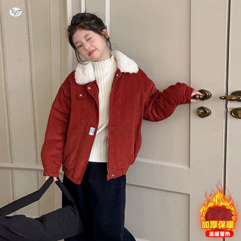 官方正品女童灯芯绒棉服2025冬季新款中大童红色翻领夹克衫短款外